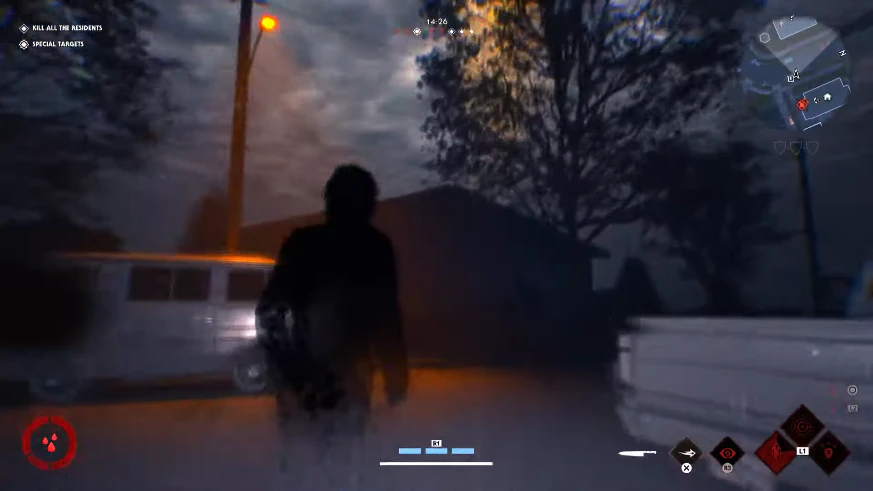 Halloween: The Game Michael Myers on a foggy suburban street at night with minimap HUD